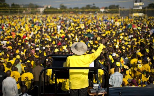 Ugandan Museveni addressing a crowd in a rally. Museveni signed an anti-homosexuality bill in the country, which has gained support from populist conservative society. Afrocritik